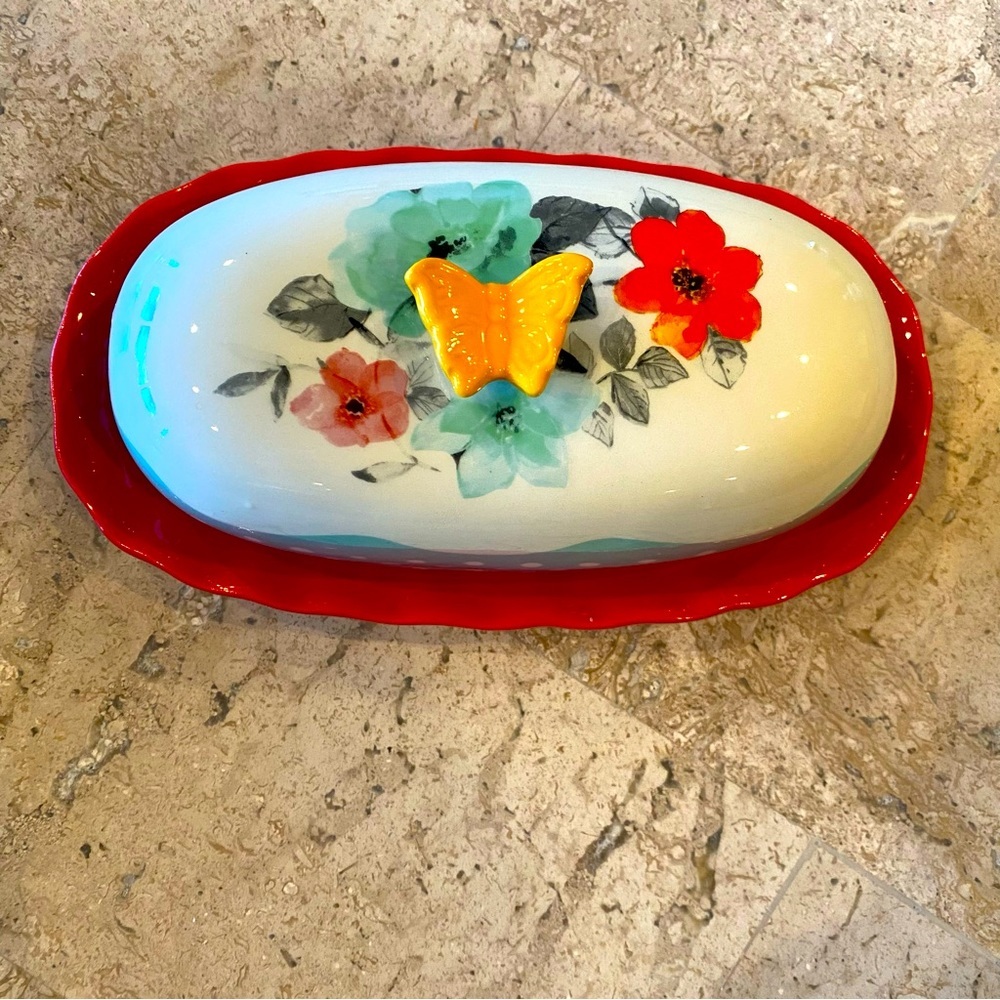 The Pioneer Woman Butter Dish Flea Market Floral 6.4" Butterfly Red